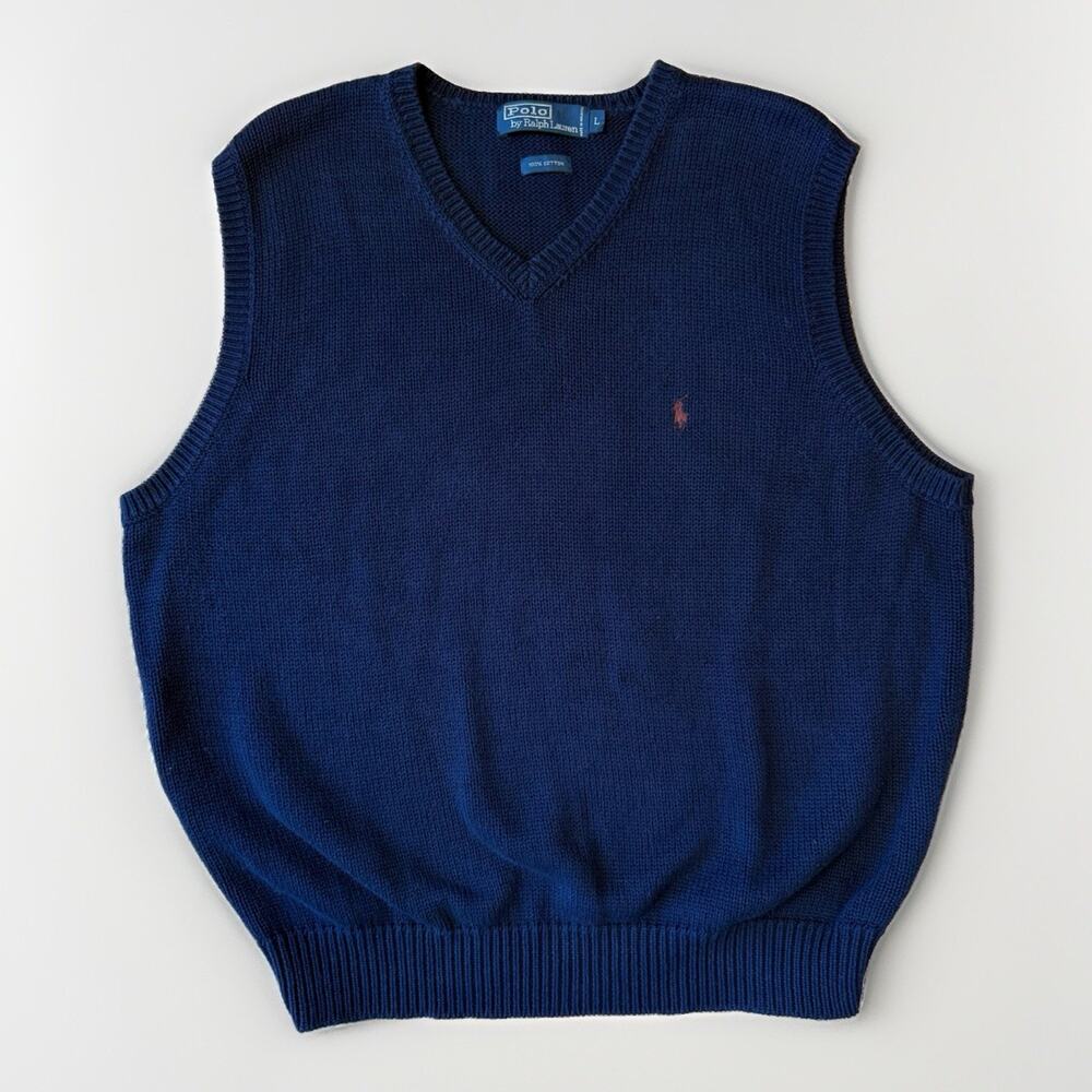 Polo Ralph Lauren Sweater Vest L Navy Sleeveless Cotton Pullover New York RRL